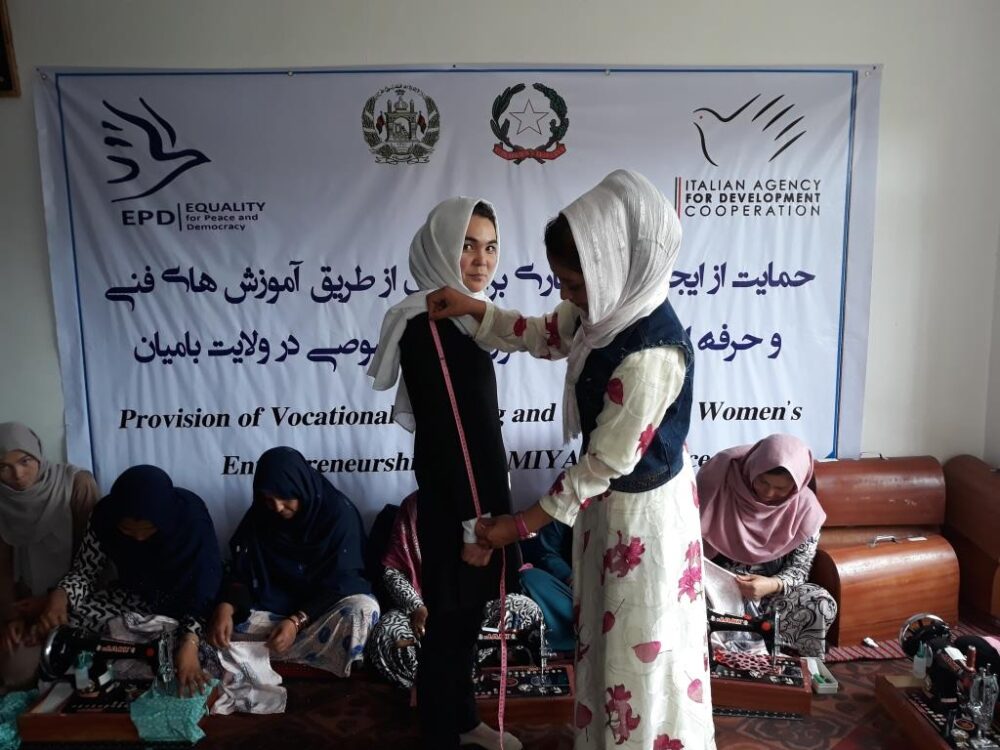 The participants in basic tailoring course are learning measuremnet- Bamiyan-EPD provincial office- 5 May 2019